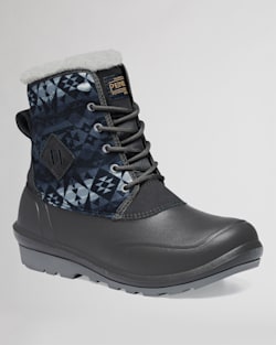SIDE VIEW OF WOMEN'S LACE-UP 6 INCH SHELL BOOTS IN GREY PINSTRIPE image number 4