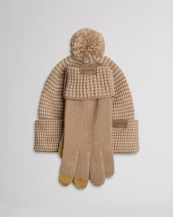 POM POM BEANIE & TEXTING GLOVES SET IN TAN image number 1