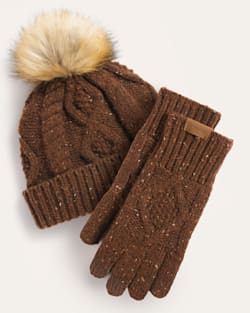CABLE KNIT TEXTING GLOVES AND BEANIE SET IN WALNUT DONEGAL image number 1