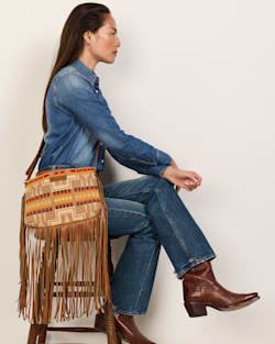 ALTERNATE VIEW OF LOOK WEST FRINGED CROSSBODY IN TAN HARDING image number 5