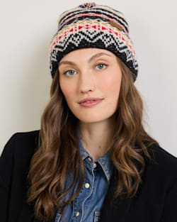 ALTERNATE VIEW OF FAIRISLE LAMBSWOOL POM BEANIE IN BLACK image number 3