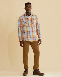 MEN'S PLAID BEACH SHACK COTTON SHIRT IN LIGHT BLUE/RUST/GOLD PLAID image number 1