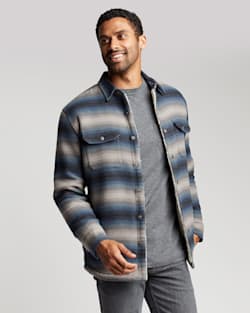 ALTERNATE VIEW OF MEN'S STRIPED SHERPA-LINED SHIRT JACKET IN BLACK/BLUE/GREY image number 6