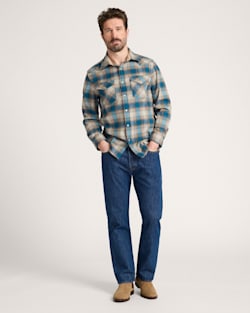 ALTERNATE VIEW OF MEN'S PLAID SNAP-FRONT WESTERN CANYON SHIRT IN TAN/GREY/TURQUOISE OMBRE image number 6