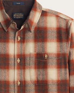 CLOES UP VIEW OF MEN'S PLAID ELBOW-PATCH TRAIL SHIRT IN RUST/WHITE PLAID image number 2