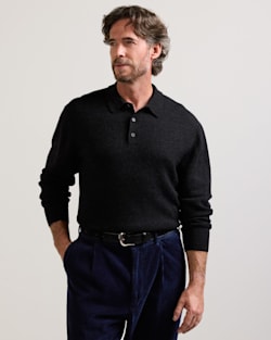 ALTERNATE VIEW OF MEN'S MERINO POLO SWEATER IN BLACK HEATHER image number 6