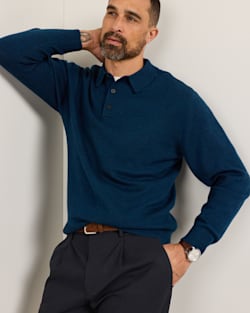 MEN'S MERINO POLO SWEATER IN NAVY HEATHER image number 1