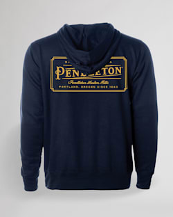 BACK VIEW OF UNISEX HERITAGE LOGO HOODIE IN NAVY/GOLD image number 2