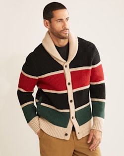 ALTERNATE VIEW OF MEN'S RANGER STRIPE LAMBSWOOL CARDIGAN IN BLACK/RED/GREEN image number 4