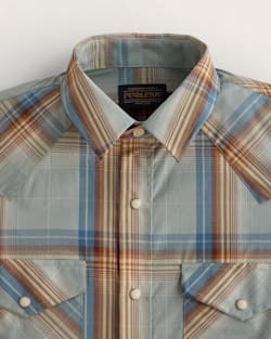 ALTERNATE VIEW OF MEN'S PLAID SHORT-SLEEVE BISHOP COTTON SHIRT IN DUSTY BLUE/KHAKI image number 2