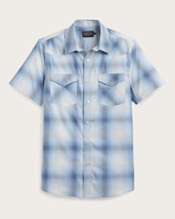 ALTERNATE VIEW OF MEN'S PLAID SHORT-SLEEVE BISHOP COTTON SHIRT IN LIGHT BLUE OMBRE image number 5