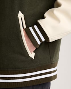 ALTERNATE VIEW OF MEN'S PENDLETON UK WOOL/LEATHER VARSITY JACKET IN DARK OLIVE image number 4