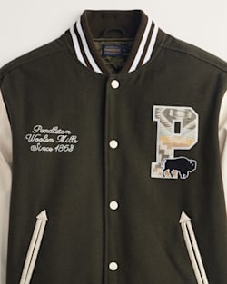 ALTERNATE VIEW OF MEN'S PENDLETON UK WOOL/LEATHER VARSITY JACKET IN DARK OLIVE image number 6