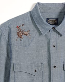 ALTERNATE VIEW OF MEN'S RODEO EMBROIDERED CHAMBRAY GAMBLER SHIRT IN DARK BLUE/RODEO image number 6