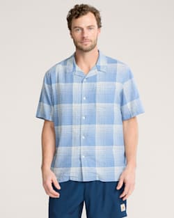 MEN'S PLAID LINEN CAMP SHIRT IN BLUE/WHITE OMBRE image number 1