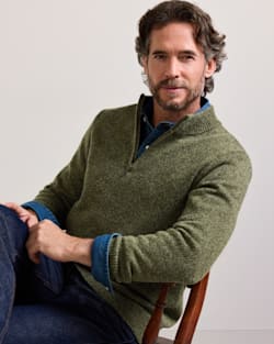 ALTERNATE VIEW OF MEN'S SHETLAND COLLECTION QUARTER-ZIP SWEATER IN OLIVE HEATHER image number 6