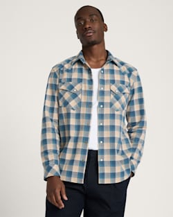 MEN'S PLAID SNAP-FRONT WYATT COTTON SHIRT IN TAN/BLUE image number 1