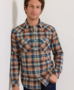 MEN'S PLAID SNAP-FRONT WYATT COTTON SHIRT IN BLUE/OCHRE image number 1