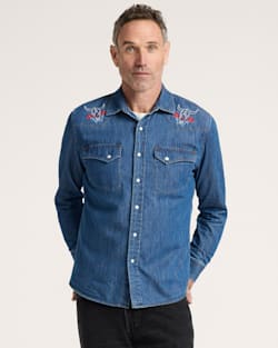 MEN'S BISON EMBROIDERED DENIM GAMBLER SHIRT IN MEDIUM BLUE/BISON image number 1