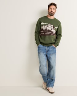 MEN'S LAKE SCENE COTTON SWEATER IN GREEN/BROWN image number 1