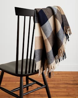 ALTERNATE VIEW OF ECO-WISE WOOL FRINGED THROW IN NAVY/CAMEL image number 3