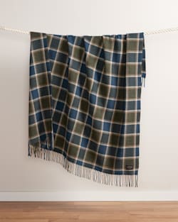 ALTERNATE VIEW OF ECO-WISE WOOL FRINGED THROW IN OLIVE/SEA BLUE CHECK image number 4