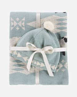 KNIT BABY BLANKET WITH BEANIE IN SHEEP DREAMS BLUE/GREEN image number 1