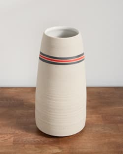 HANDMADE STONEWARE & WOOD STEM VASE IN RED/BLACK STRIPE image number 1