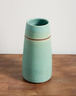 HANDMADE STONEWARE & WOOD STEM VASE IN SEAFOAM image number 1