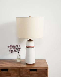 HANDMADE STONEWARE & WOOD TABLE LAMP IN RED/BLACK STRIPE image number 1