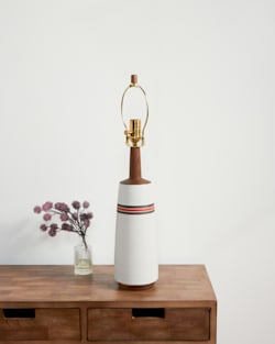 ALTERNATE VIEW OF HANDMADE STONEWARE & WOOD TABLE LAMP IN RED/BLACK STRIPE image number 2