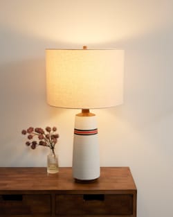 ALTERNATE VIEW OF HANDMADE STONEWARE & WOOD TABLE LAMP IN RED/BLACK STRIPE image number 3