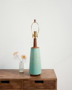 ALTERNATE VIEW OF HANDMADE STONEWARE & WOOD TABLE LAMP IN SEAFOAM image number 2