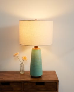 ALTERNATE VIEW OF HANDMADE STONEWARE & WOOD TABLE LAMP IN SEAFOAM image number 3