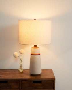ALTERNATE VIEW OF HANDMADE STONEWARE & WOOD TABLE LAMP IN SUNSET STRIPE image number 3