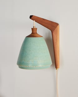 HANDMADE STONEWARE & WOOD SCONCE IN SEAFOAM image number 1