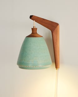 ALTERNATE VIEW OF HANDMADE STONEWARE & WOOD SCONCE IN SEAFOAM image number 2