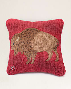 PLUSH BUFFALO HOOKED SQUARE PILLOW IN BROWN/RED image number 1