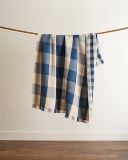 BLOCK PLAID ORGANIC COTTON FRINGED THROW IN INDIGO/IVORY image number 1