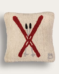 CROSSED SKIS HOOKED SQUARE PILLOW IN IVORY/RED image number 1