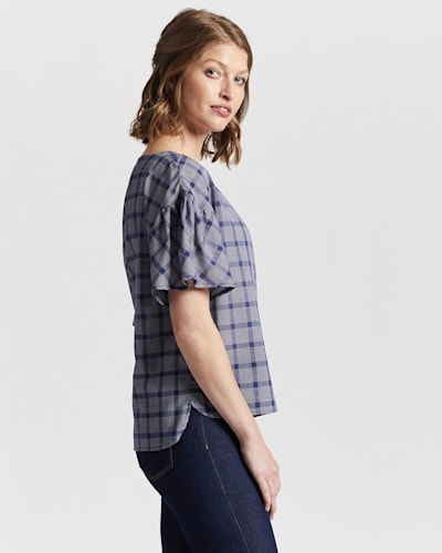 WOMEN'S AIRY SHORT-SLEEVE BOATNECK TOP IN NAVY/WHITE PLAID