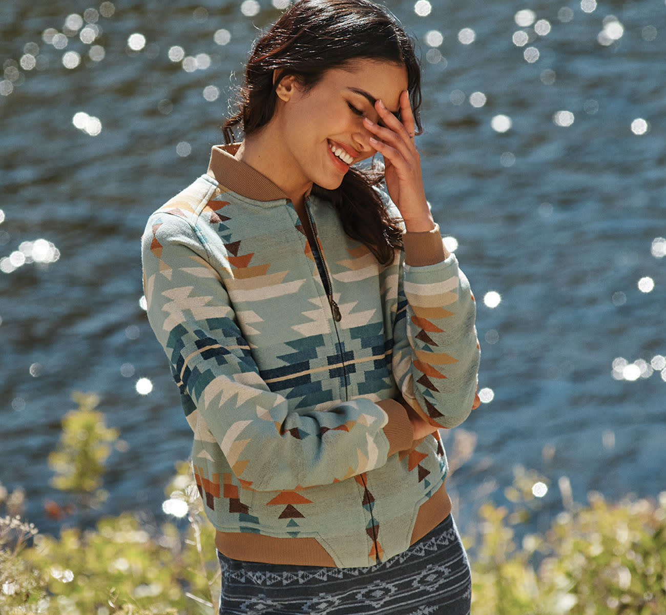 Woman Outside In Aqua Rio Rancho Wool Bomber Jacket