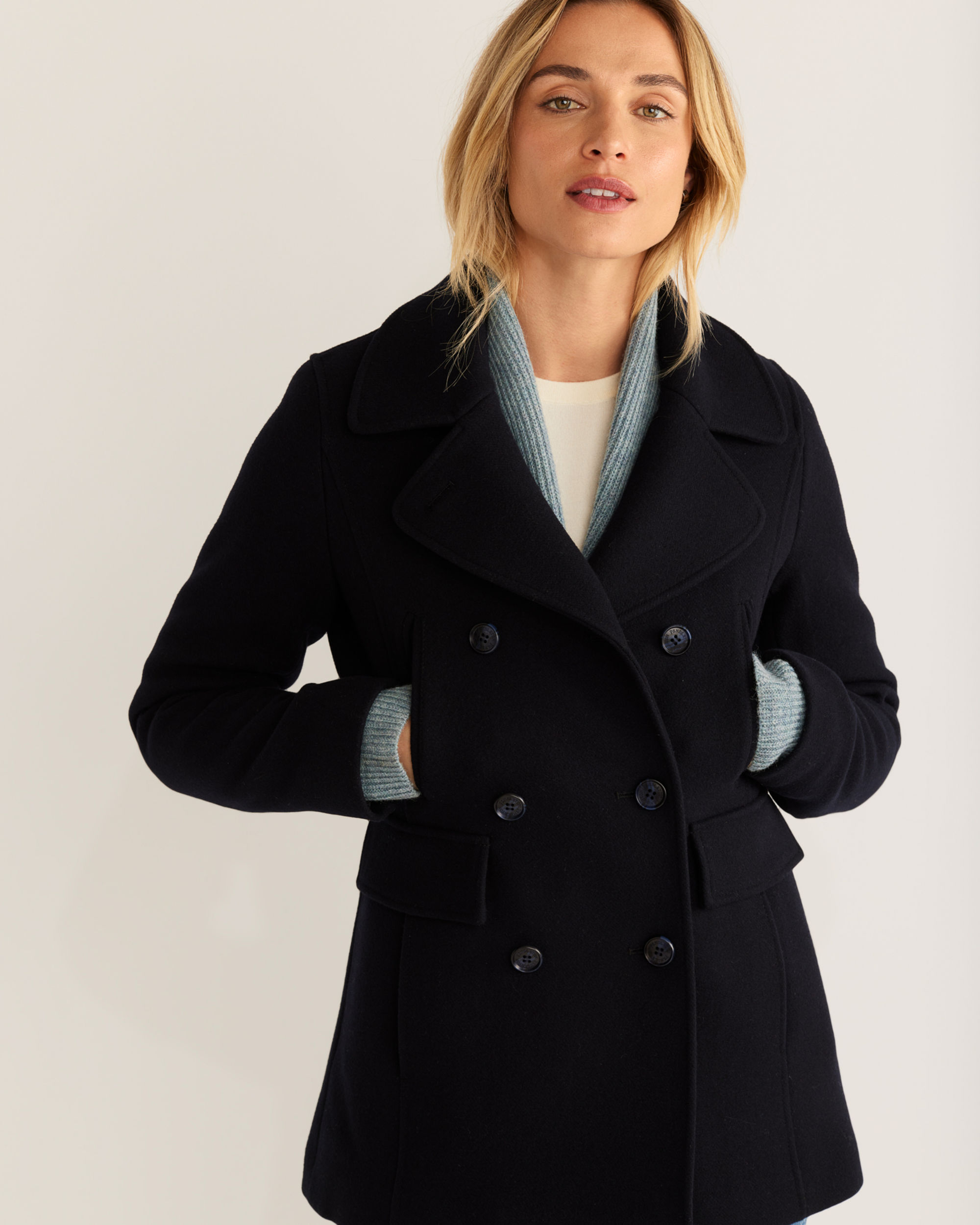 Women's Pea Coat Style Long Woolen Coat - High Buttons / Black