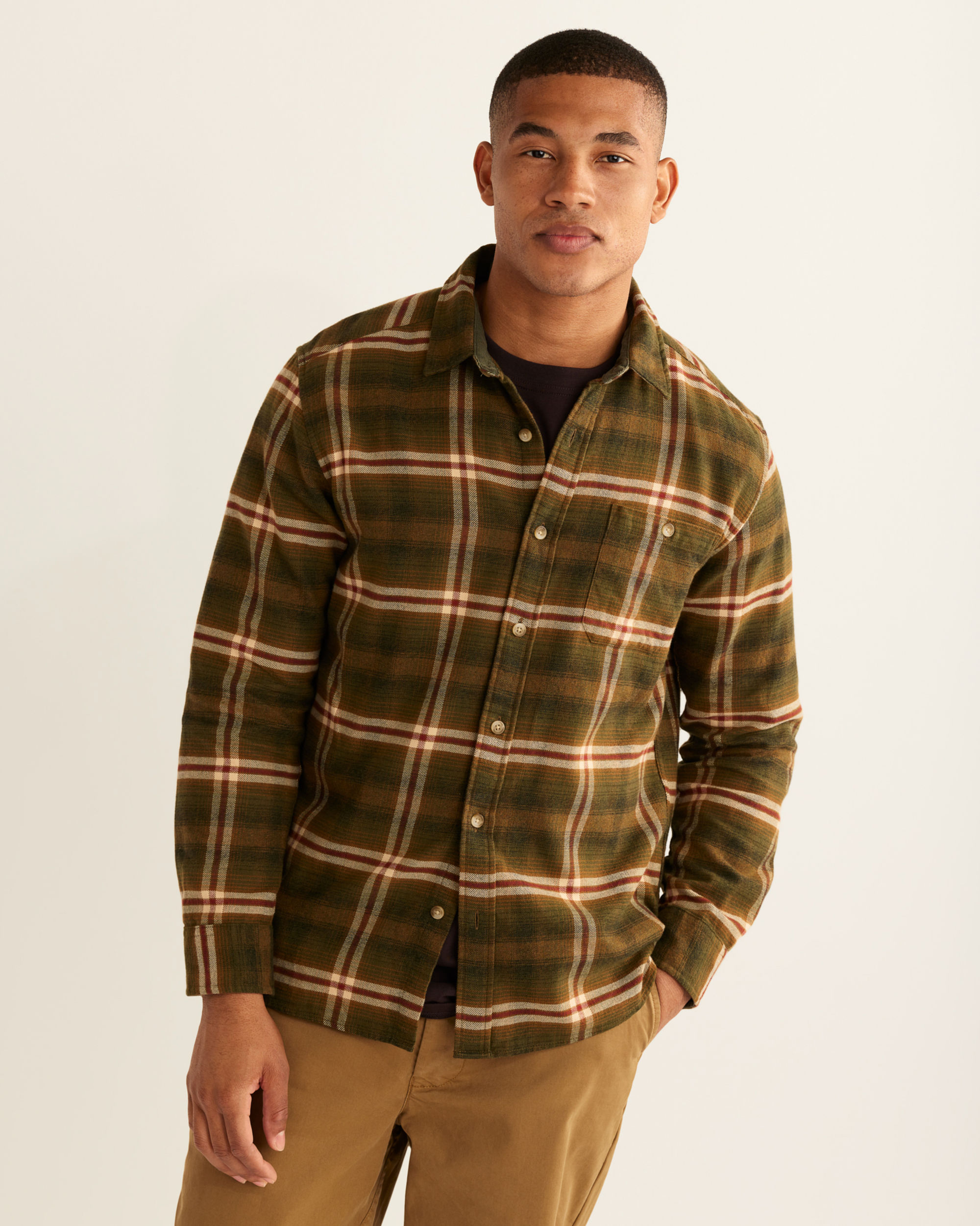 Pendleton Fremont Flannel Shirt - Men's Dark Olive/Tan/Red Plaid, L