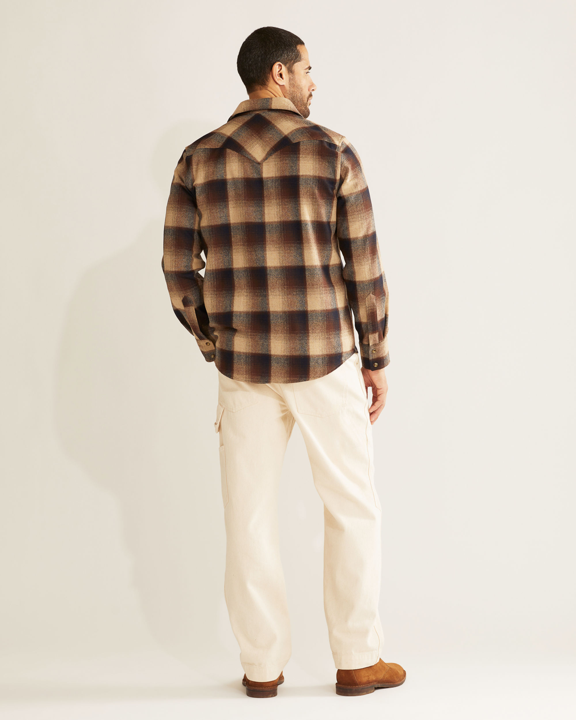 Men's casual outfits wear blue jeans with red plaid shirt, brown